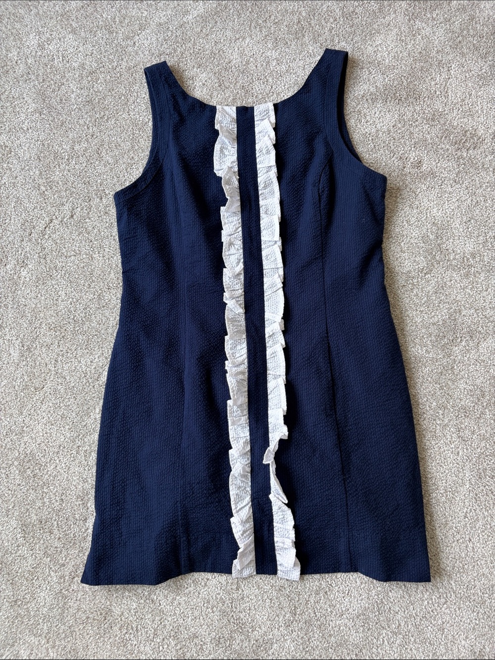 Lauren James Navy Dress with White Ruffle Trim